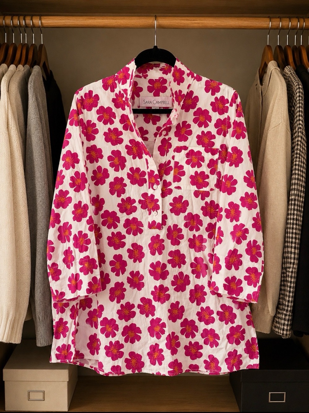 Sara Campbell Floral Blouse Small Pink White Button Front